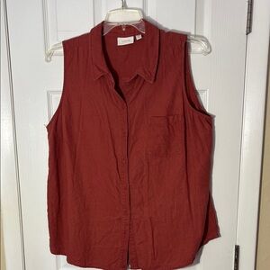 Ecothreads sleeveless button up top linen rayon blend point collar rusty red XXL